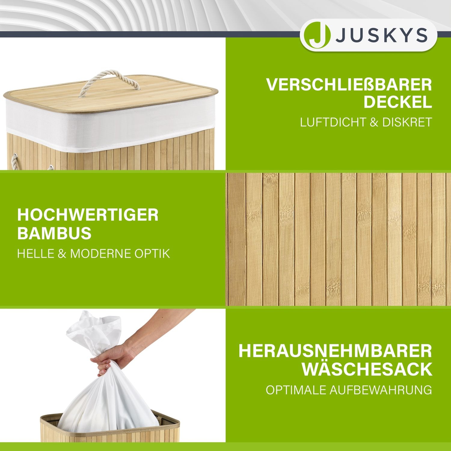 Juskys Bambus Wäschekorb Curly 72 Liter mit Stoff Wäschesack & Tragegriffen | Wäschebox in Natur