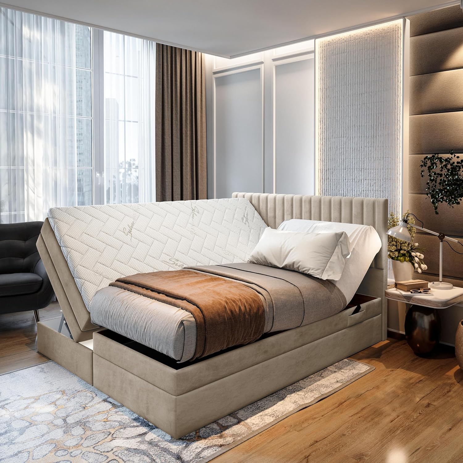 TRADA Boxspringbett ADÈLE 160 x 200 cm – elektrische Bett mit Matratze + Tooper und Bettkasten - Stoffbezug Veloursstoff - Beige - 160 x 200 cm
