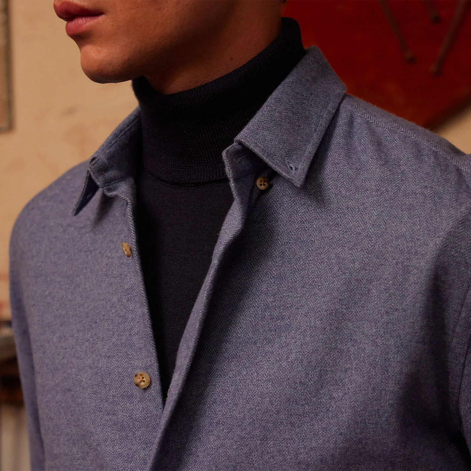 Blue Herringbone Flannel Shirt