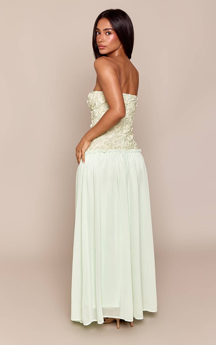 Vert Sauge Robe Maxi Bandeau Taille Basse Bicolore À Corsage Fleuri Texturé Petite