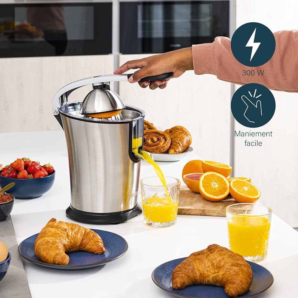 Princess Presse-agrumes Master Pro – C?ne en acier inoxydable – 300 W – Filtre à pulpe en inox – Bras à levier professionnel – Réservoir avec système anti-goutte – 201860 : Cuisine et Maison