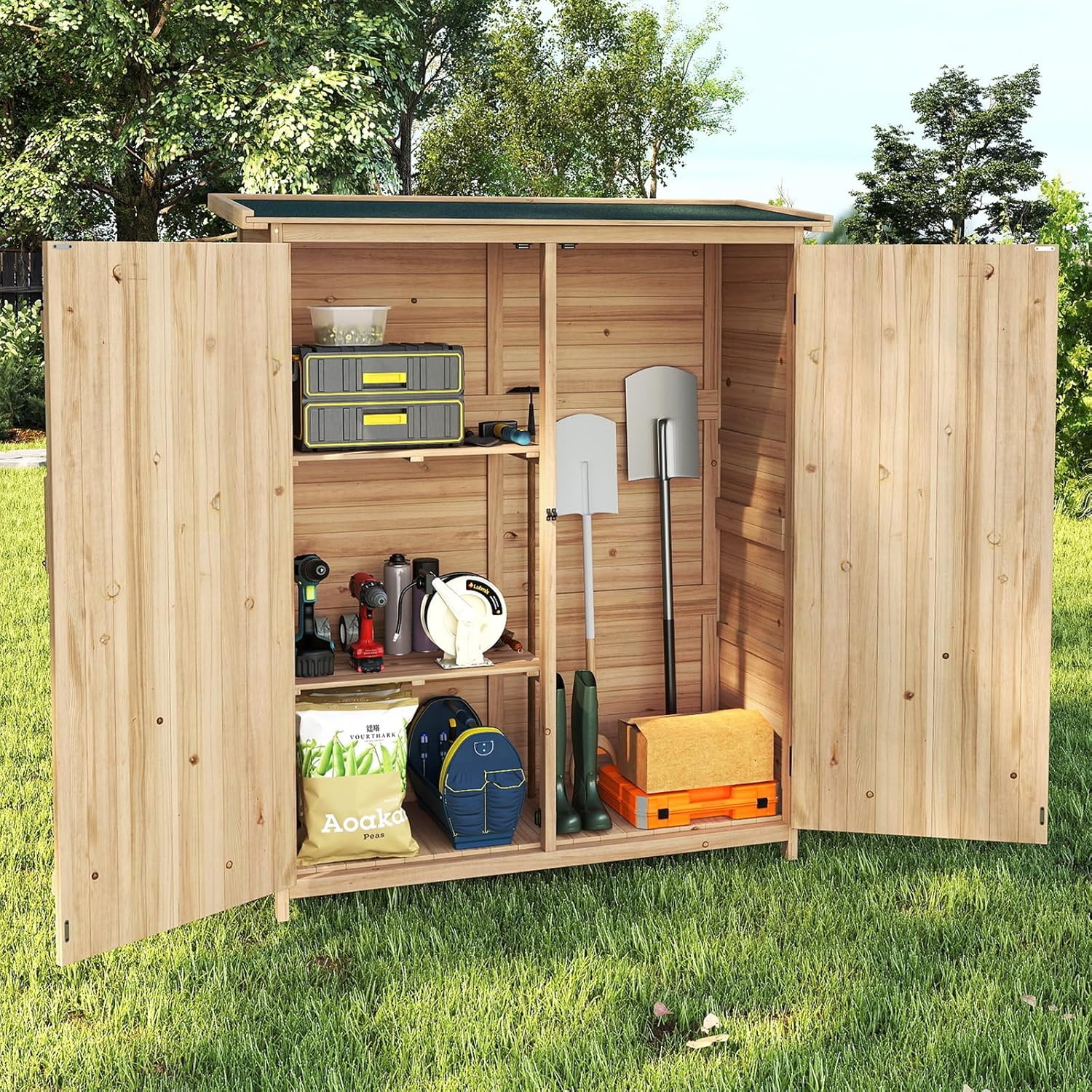 COSTWAY Gartenschrank Holz, Geräteschuppen mit Wasserfestem Asphaltdach & Abnehmbare Regale & Abschließbare Türen, Gerätehaus, Outdoor Gartenhaus für Garten, Terrasse, Rasen, 140 x 51 x 163 cm