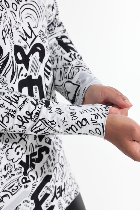 T-Shirt, A-Linie, Scribble-Muster, offenkantige Abschlüsse