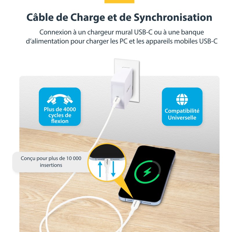 StarTech.com Câble de Charge USB-C de 1m, Charge et Synchronisation, 60W (3A) PD, Câble de Charge USB 2.0 pour Ordinateur Portable - Cordon de Charge USB C Blanc