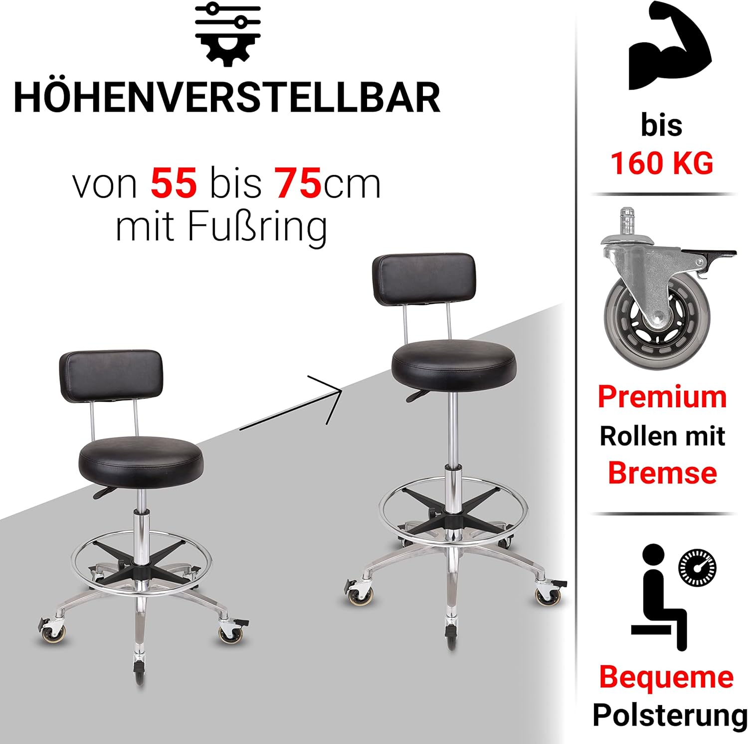 Rollhocker bis 160 kg - Premium Rundsitz mit Lehne und Fußstütze - Praxishocker (Premium Rollen mit Bremse) Drehhocker höhenverstellbar (55 cm bis 75 cm) Rundsitz