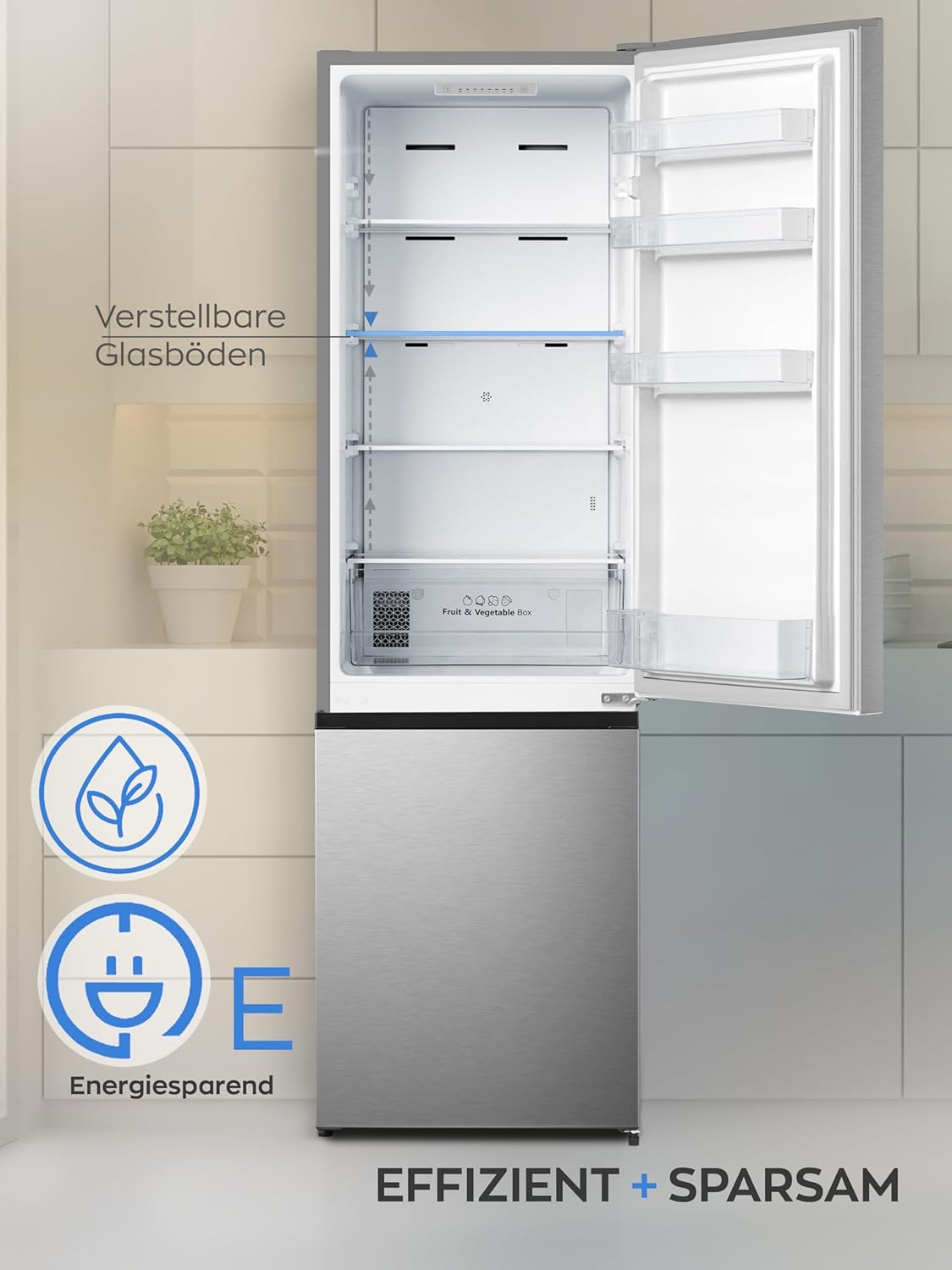 Heinrich´s Kühlgefrierkombination 255Liter, Kühlvolumen 188L, Gefrierfach 67L,LED Innenraumbeleuchtung, Kühlschrank Türanschlag wechselbar, leise 40dB,NO FROST, 6 Temperaturstufen,inox