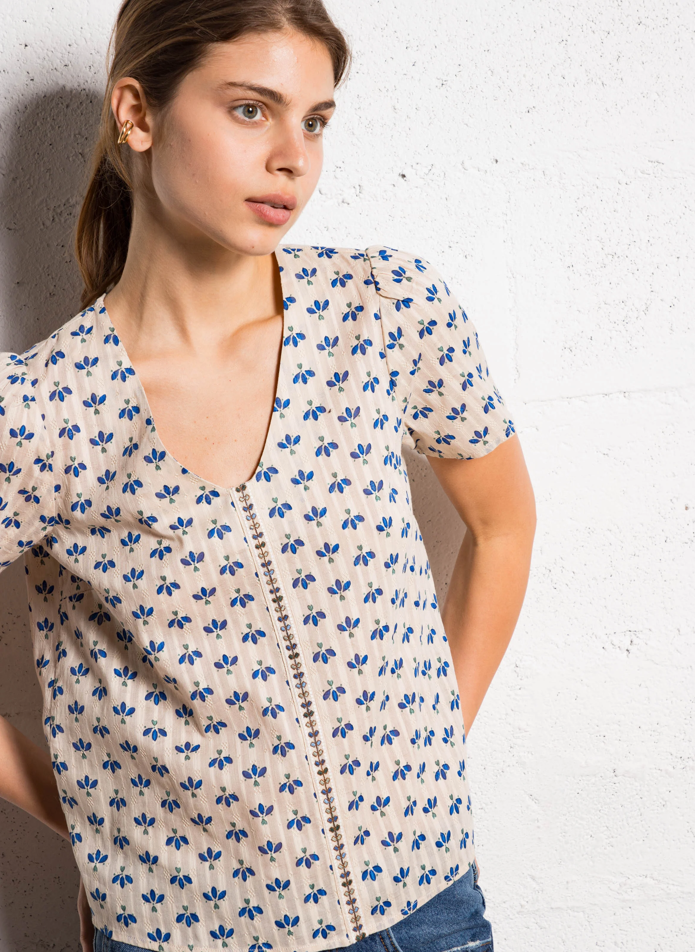 Blouse col rond en coton | Blanc