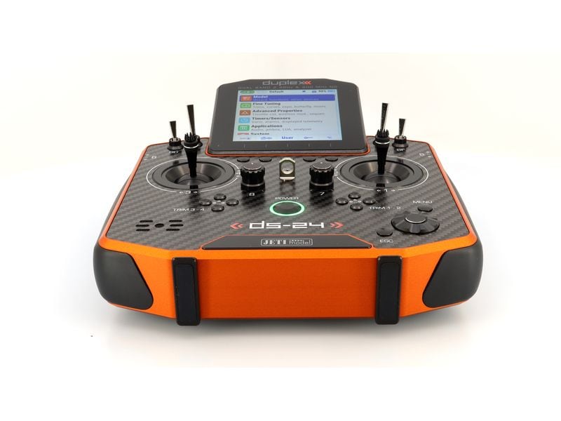 Jeti Fernsteuerung DS-24II Carbon Line Orange 24 Kanal, Dup Professioneller 24-Kanal-Sender mit Geber auf Rückseite und Carbon-Frontplatte
