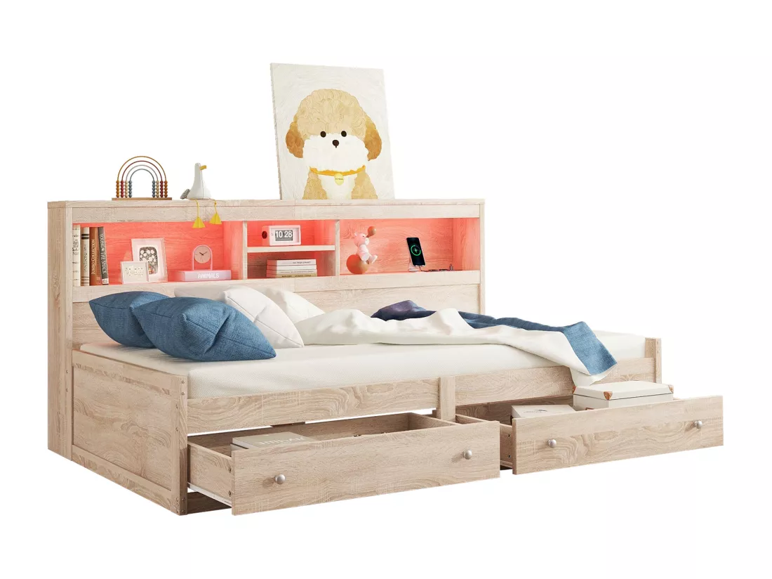 Lit banquette 90x200cm - avec prise USB & 2 tiroirs - sommier à lattes - Naturel
