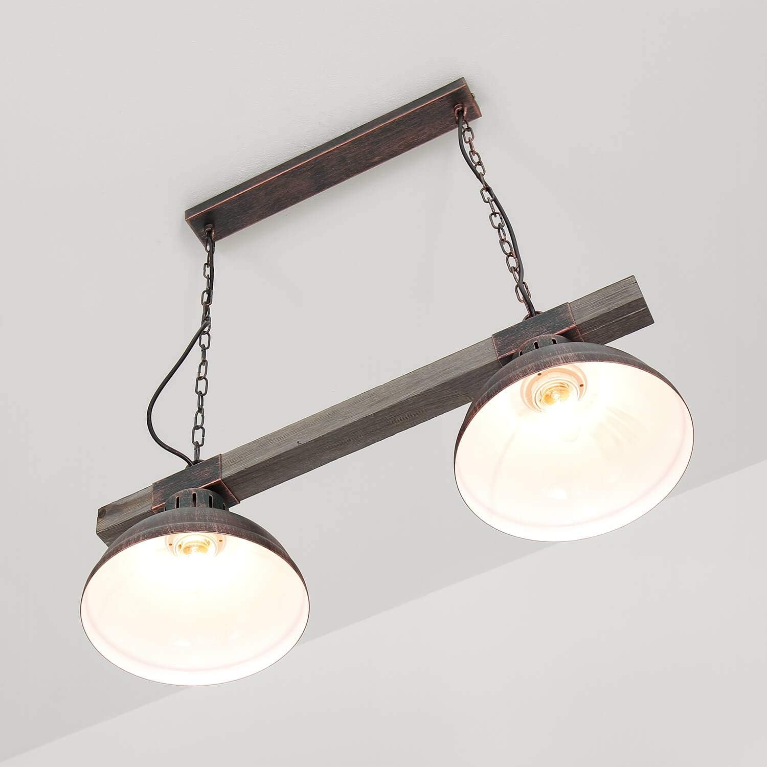 Licht-Erlebnisse Pendelleuchte Holz Metall in Kupfer Antik Küche Wohnzimmer 60 cm lang E27 Rustikal 2-flammig Vintage Esszimmer Hängelampe HAKON