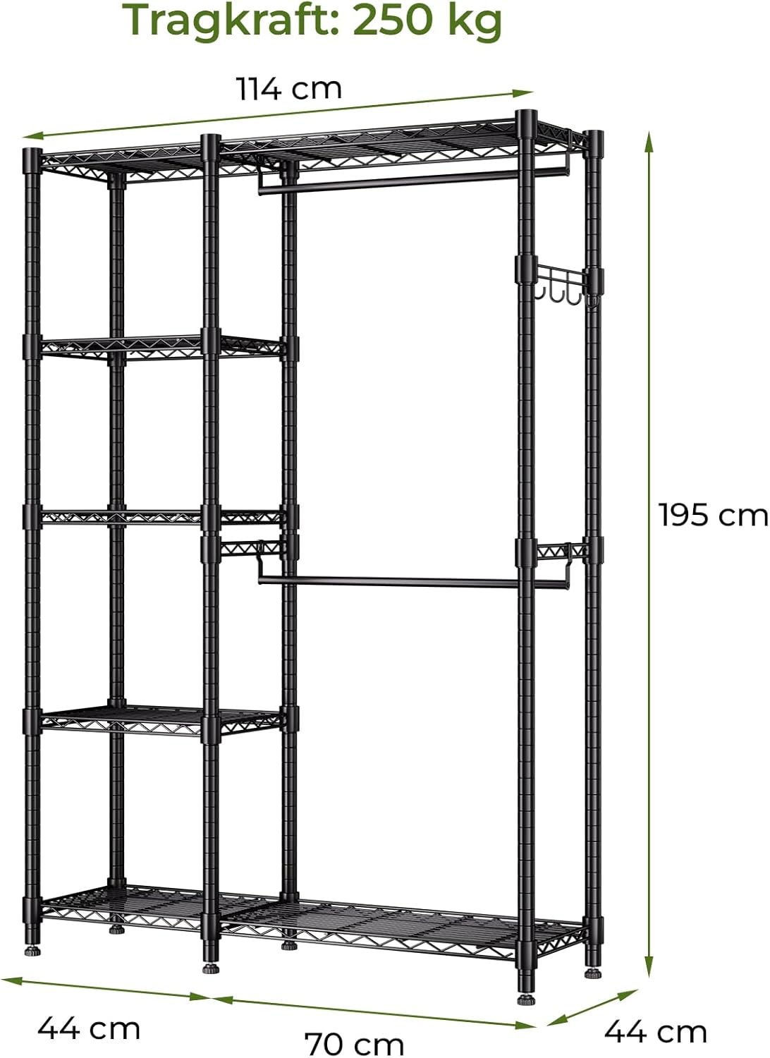 Himimi Kleiderständer Stabil, Kleiderschrank Offen mit Doppel-Kleiderstangen & 5 Höhenverstellbaren Regalen, Metall Garderobe Kleiderständer Schwerlast für Schlafzimmer Flur, 114 x 44 x 195cm Schwarz