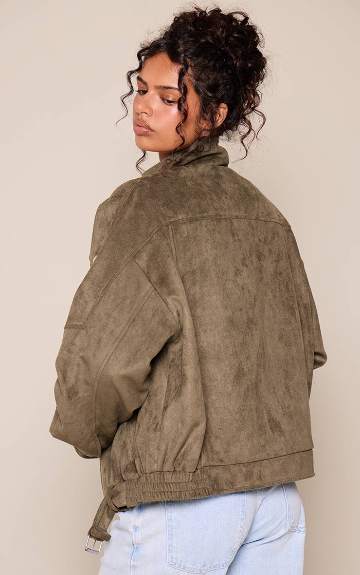 Kaki Veste De Motard En Synthétique Souple Avec Col Montant Et Ceinture Basse