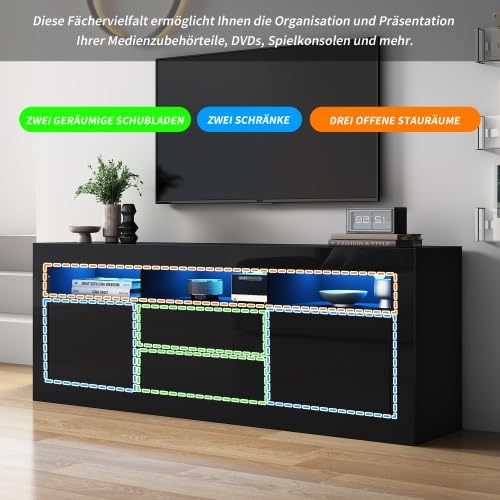 Merax TV Schrank Lowboard 160 cm mit Hochglanz-Optik, LED-Beleuchtung, Push-to-Open Schubladen, 3 offene Fächer & Stauraum für TV bis 70 Zoll – Modernes Wohnzimmer Möbel
