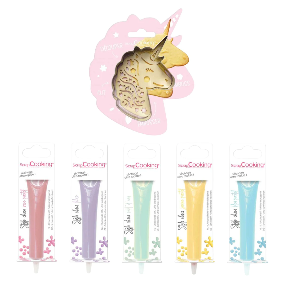 Kit pour biscuits en relief Licorne + 5 stylos choco pastel Scrapcooki