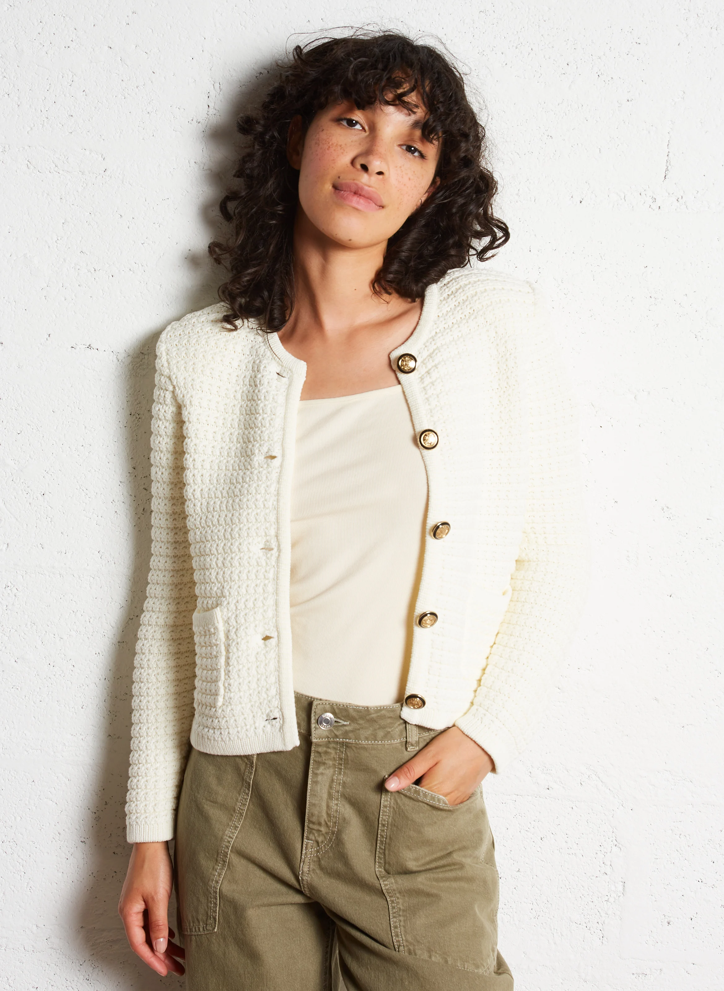GASPARD - Gilet droit col rond en coton mélangé | Beige