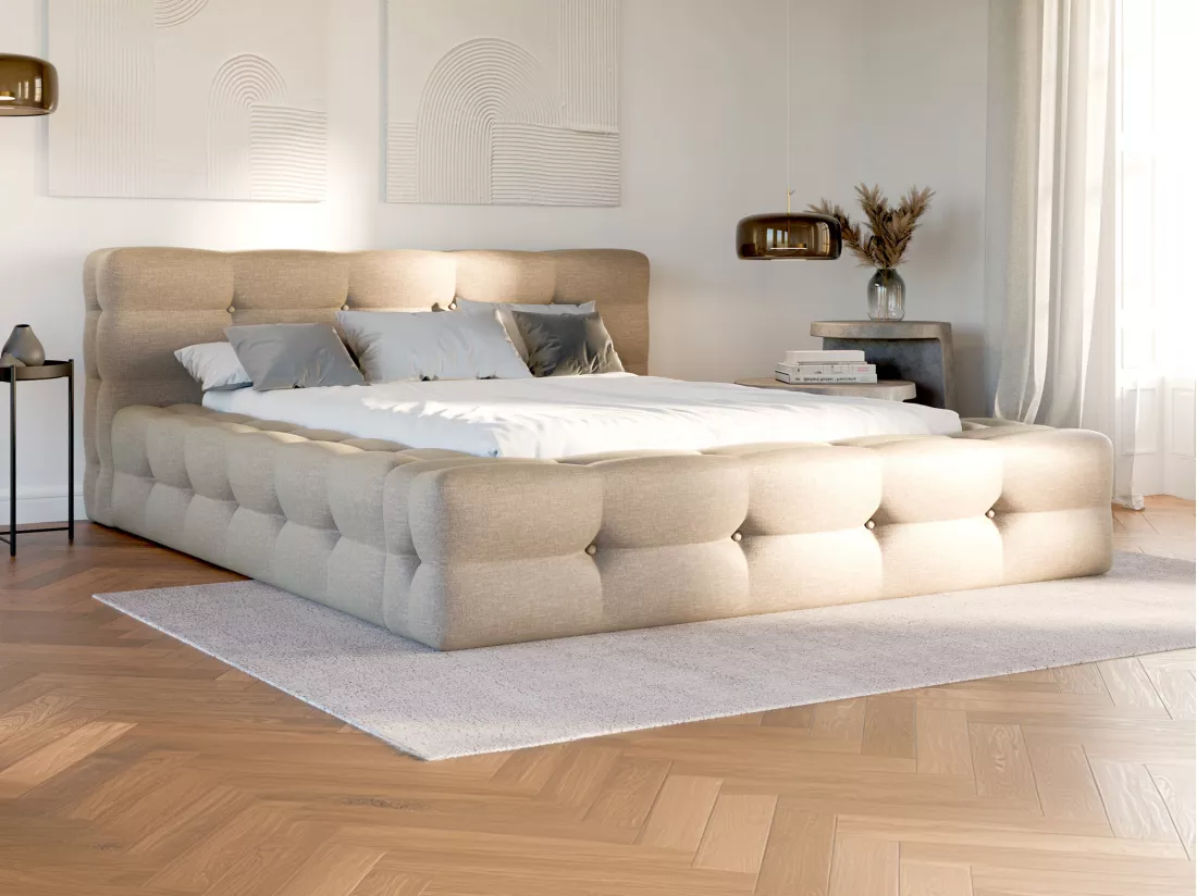 Lit coffre capitonné 140 x 190 cm - Tissu chiné - Beige - LERUCO de Pascal Morabito
