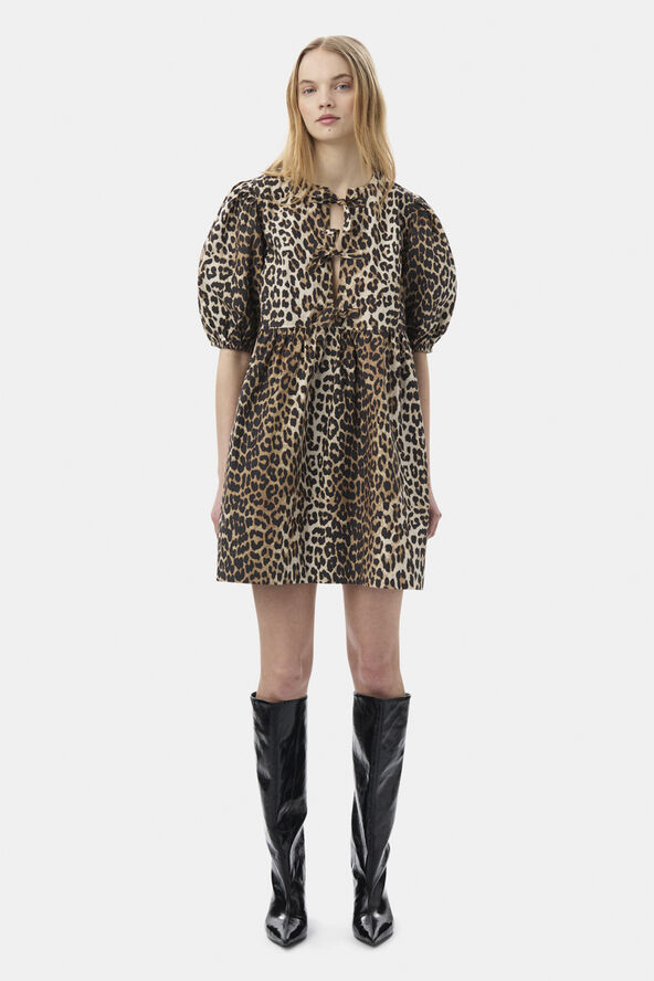Ganni Printed Cotton Tie String Mini Dres Leopard