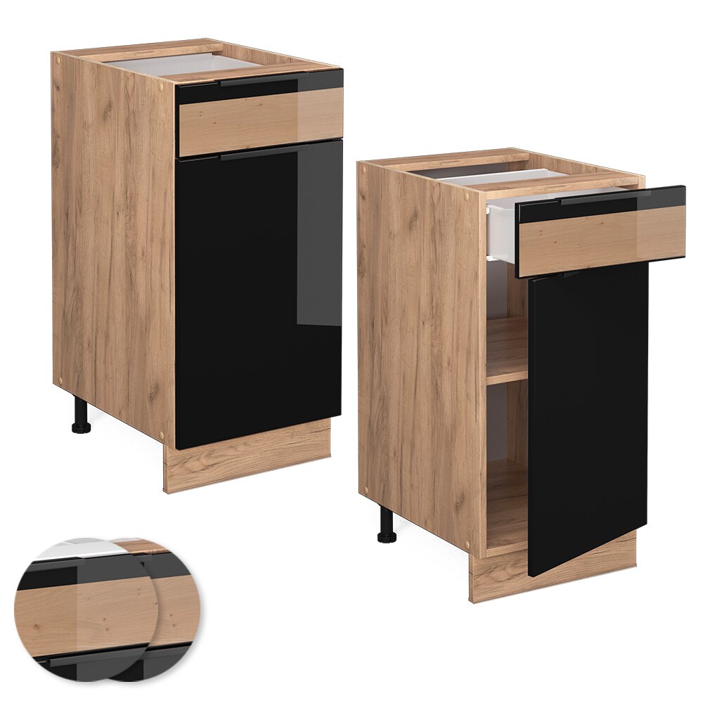Vicco Schubunterschrank Küchenschrank Küchenmöbel Fame-Line Eiche Schwarz 40 cm modern Hochglanz