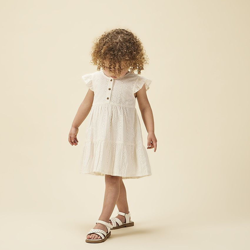 Robe manches courtes en broderie anglaise pour bébé fille - Ecru