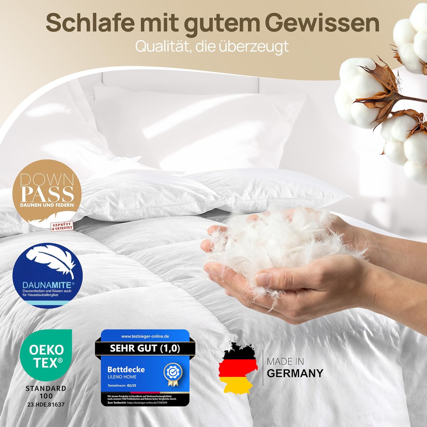 LILENO HOME Premium Daunendecke 135x200 Ganzjahresdecke (90% Daunen / 10% Federn) – Flüsterleise, Anschmiegsame & Wolkenweiche Bettdecke 135x200 – Made in Germany, Oeko-Tex & 60 °C Waschbar