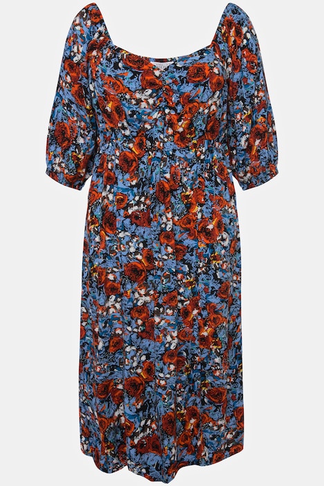 Midikleid, A-Line, Print, herzförmiger Ausschnitt, 3/4-Ärmel