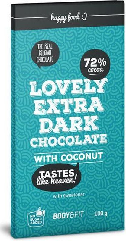 Body & Fit - Smart Chocolate - Coconut - Suikervrij - 72% Cacao - 1 Box (12 Chocoladerepen)