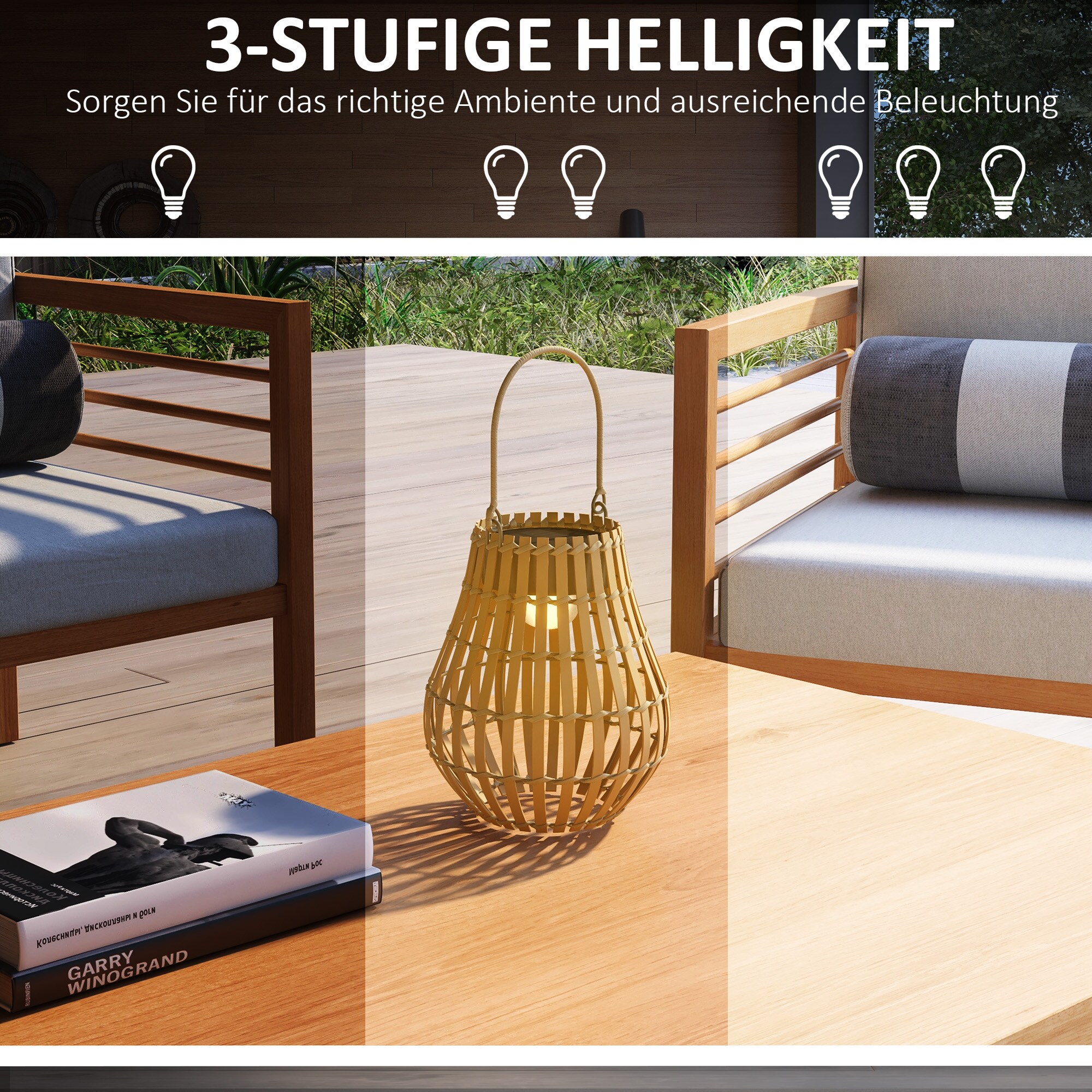 Outsunny Gartenleuchte mit Tragegriff, aufladbar über Solar oder USB-C Kabel natur Ø18,5 x 22H cm