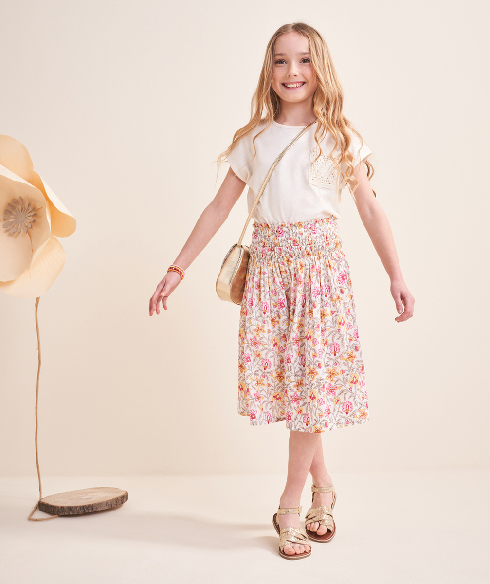 jupe longue fille en coton écru et imprimé floral jaune et rose