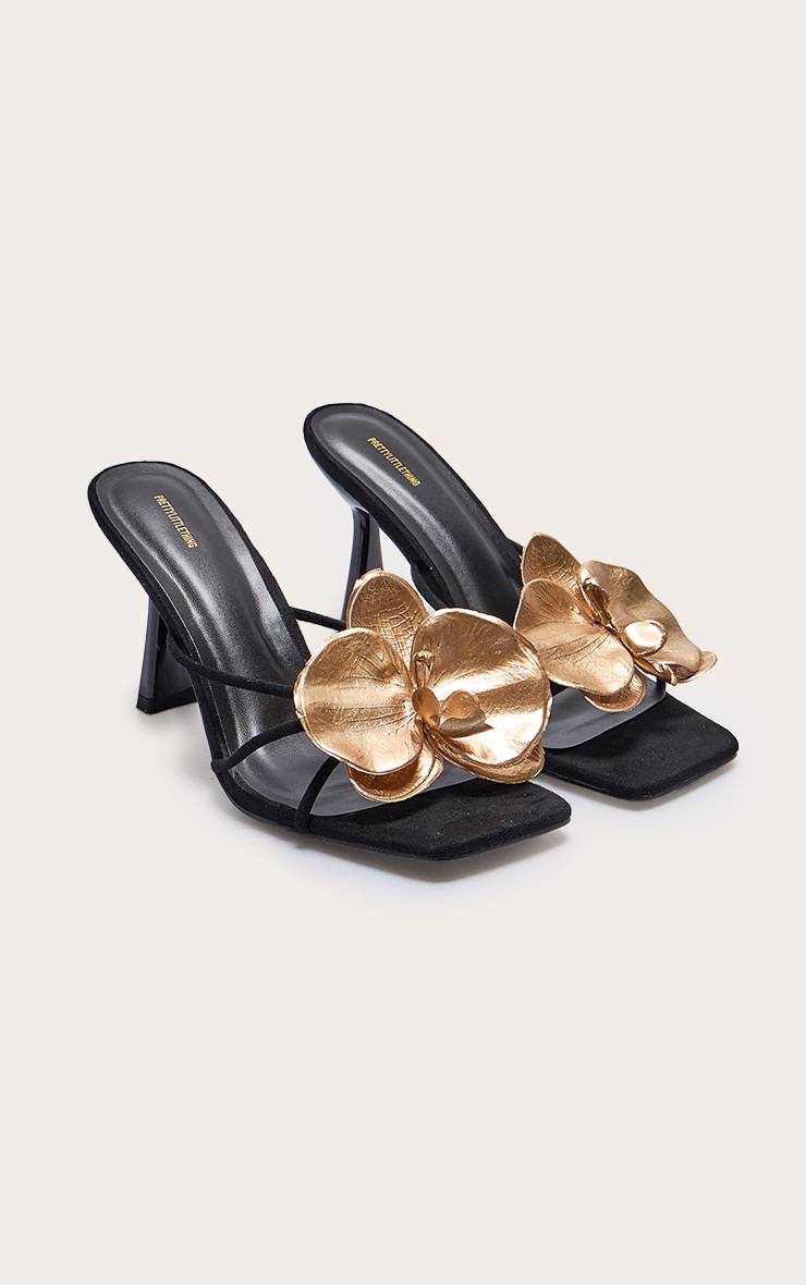 Noir Mules À Talons En Synthétique Bout Carré Avec Détail Floral Doré