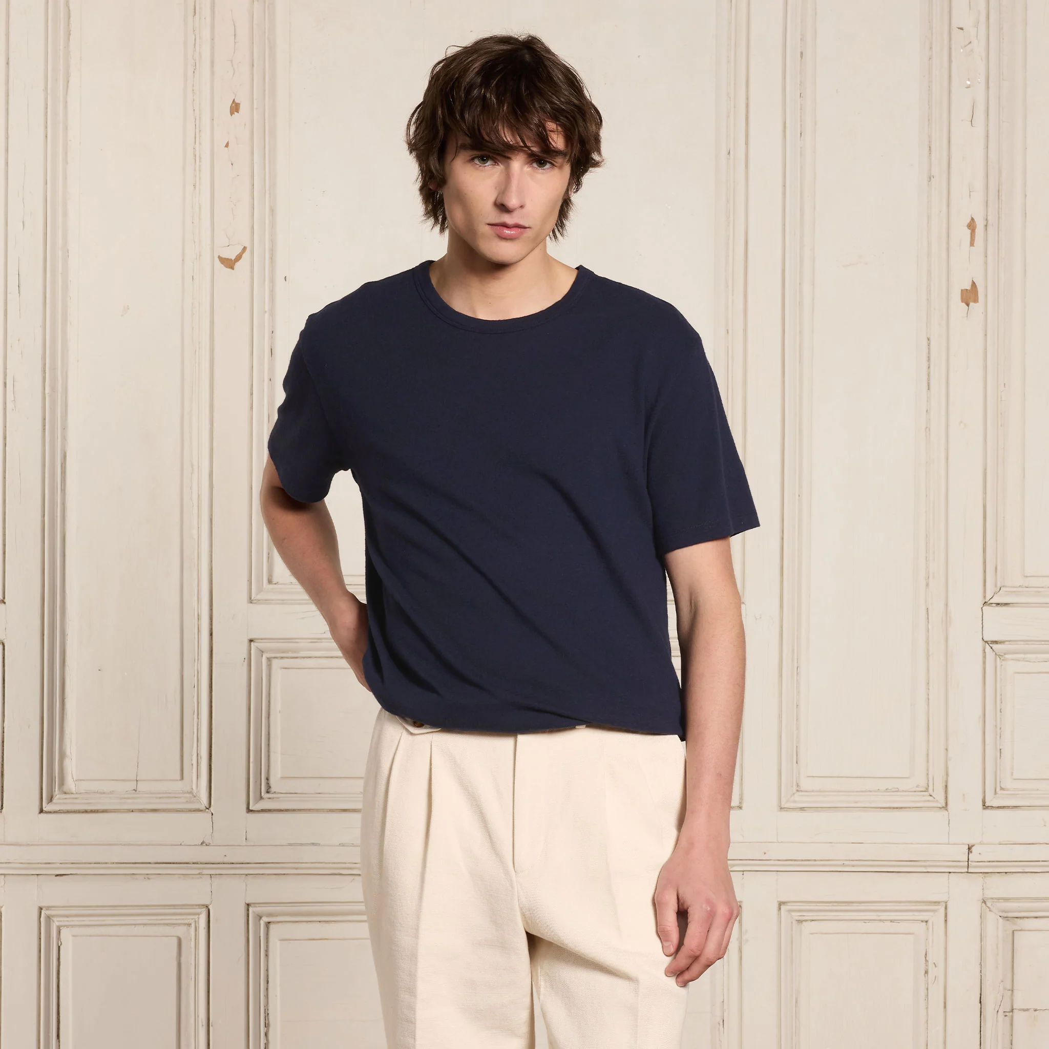 Navy cotton and linen T-shirt