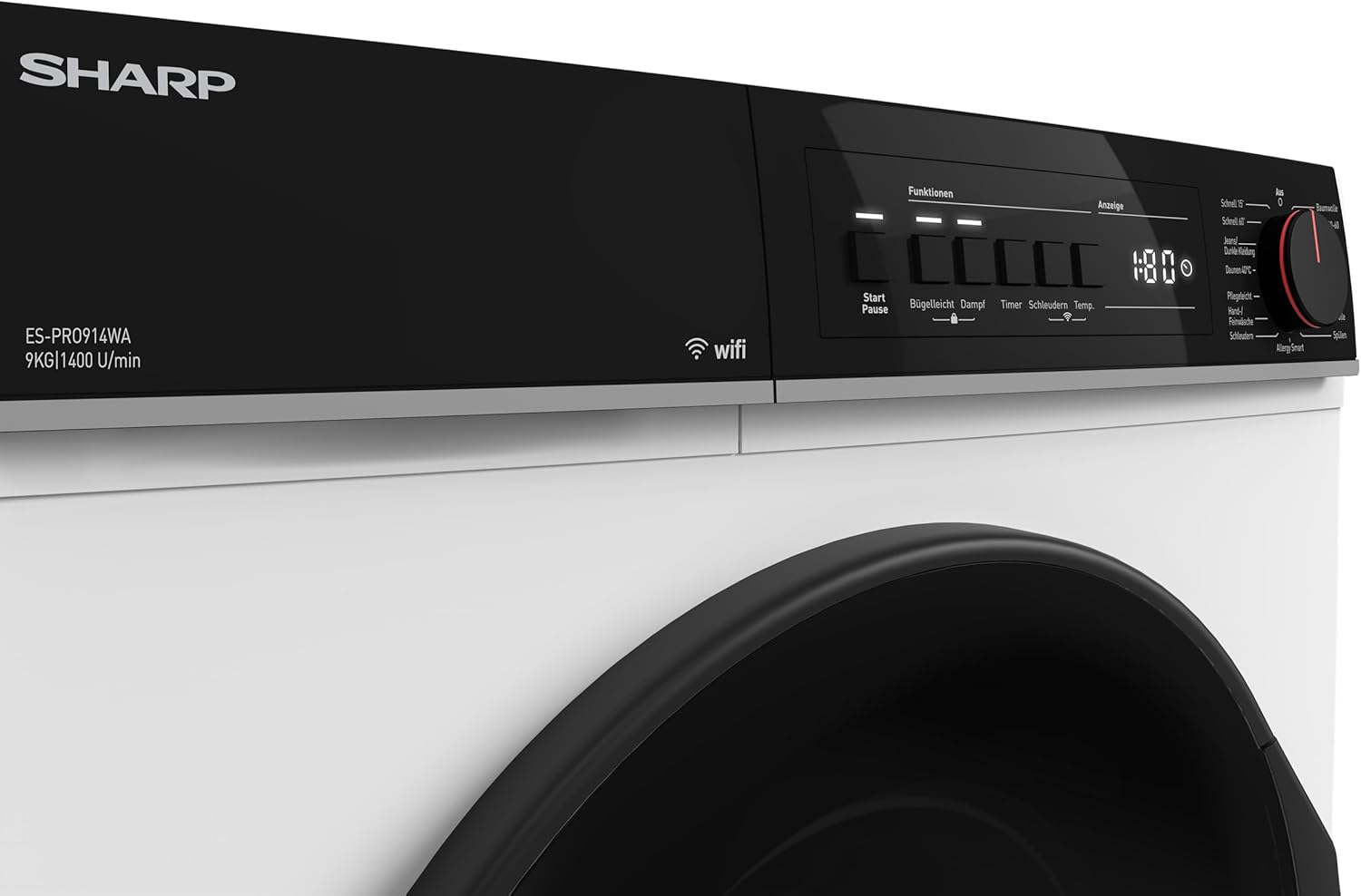 SHARP ES-PRO914WA-DE Waschmaschine Frontlader, 9kg, 1400U/min, Smarte Bedienung durch Veezy App, Dampffunktion, Inverter, 15 Programme, AquaStop, Weiß
