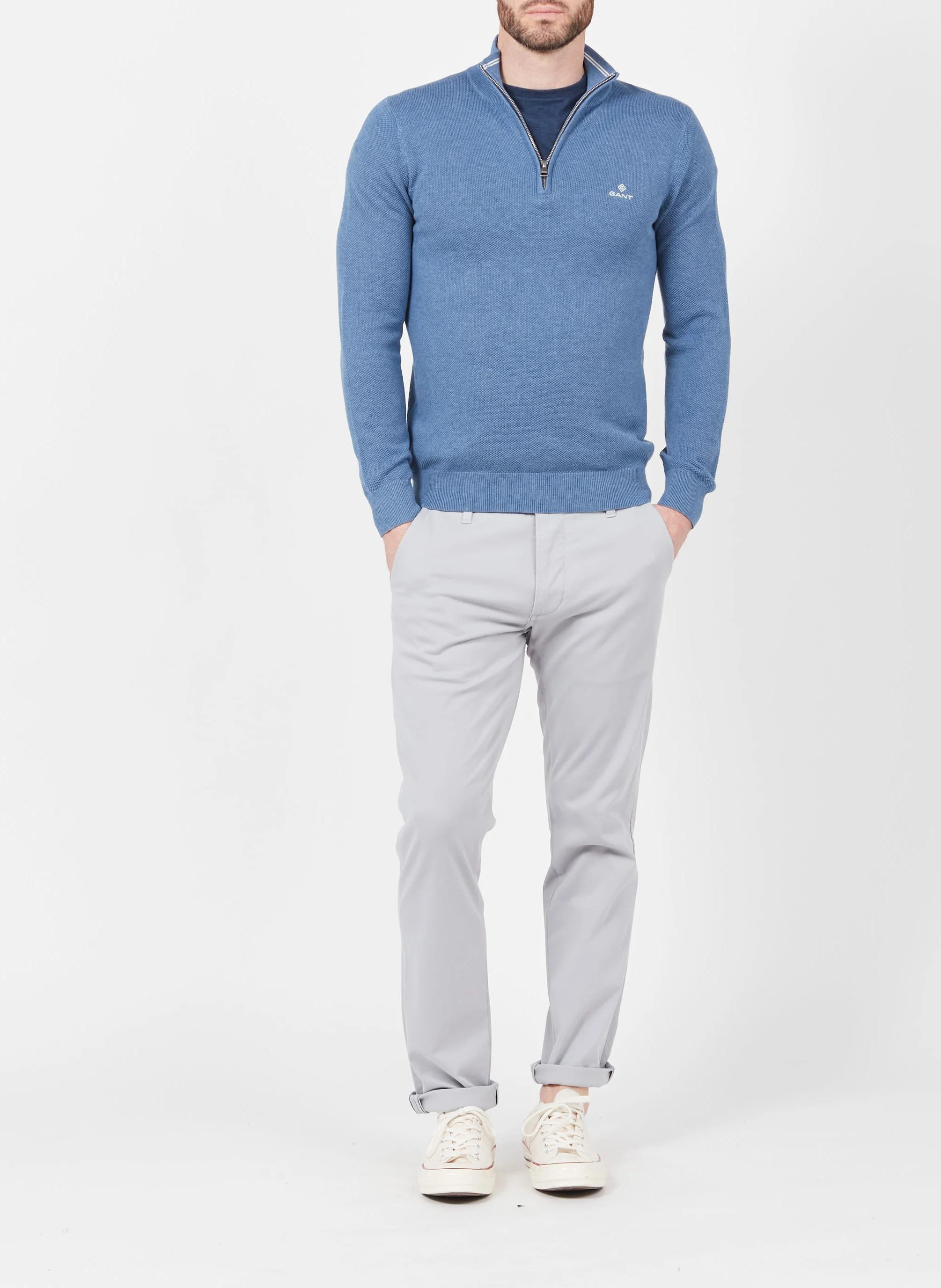 COTTON PIQUE HALF ZIP - Pull col montant zippé regular-fit en coton | Bleu