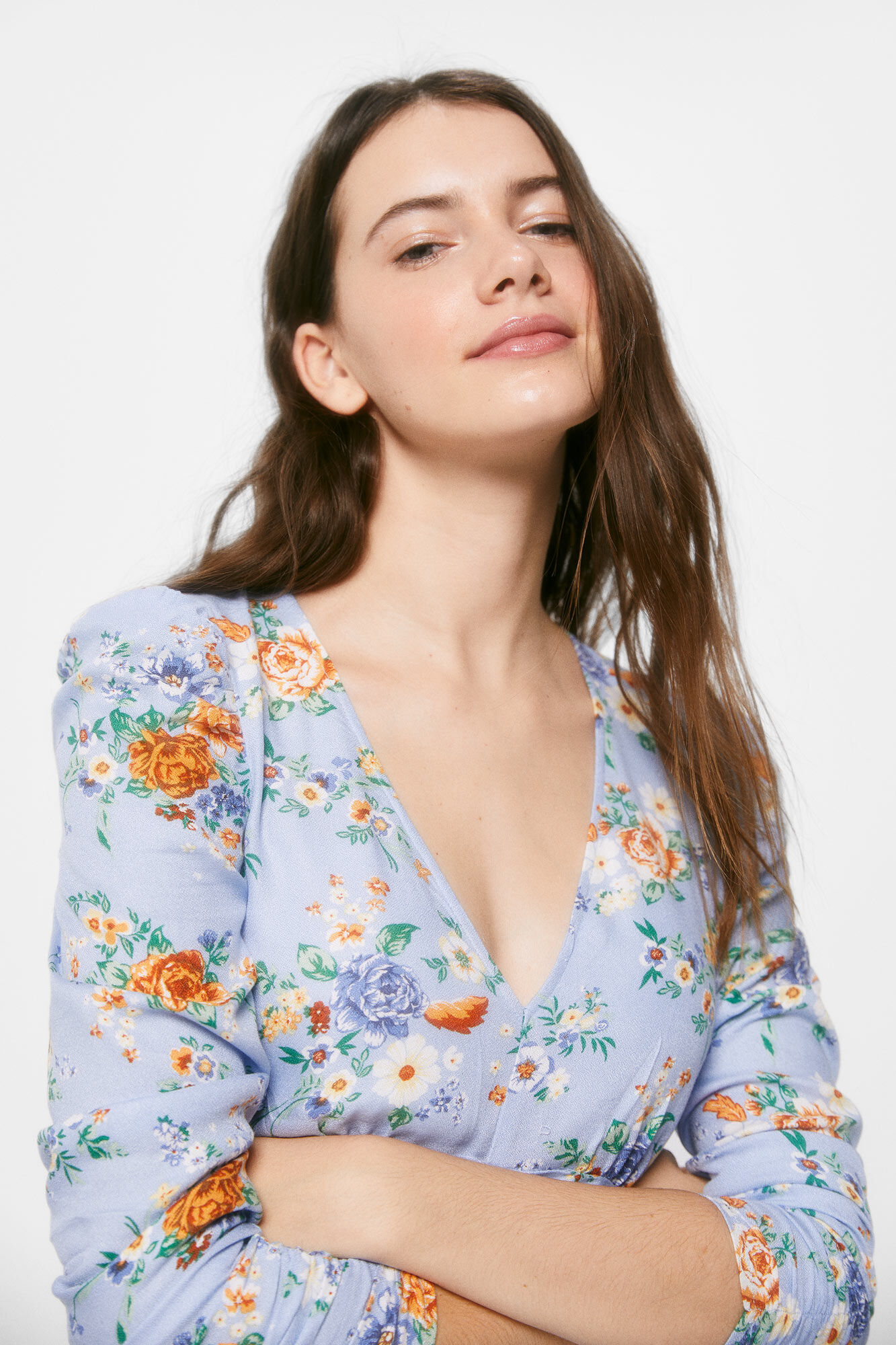Vestido midi assimétrico com estampa - Azul médio