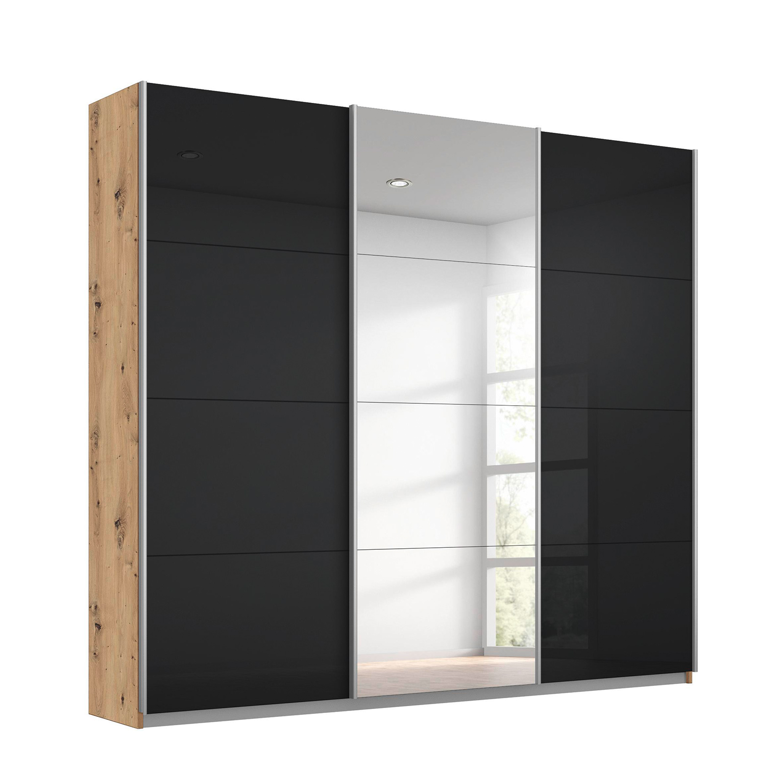 Schwebetürenschrank - Basaltglas - Artisan Eiche - mit Spiegel - 203x210 cm