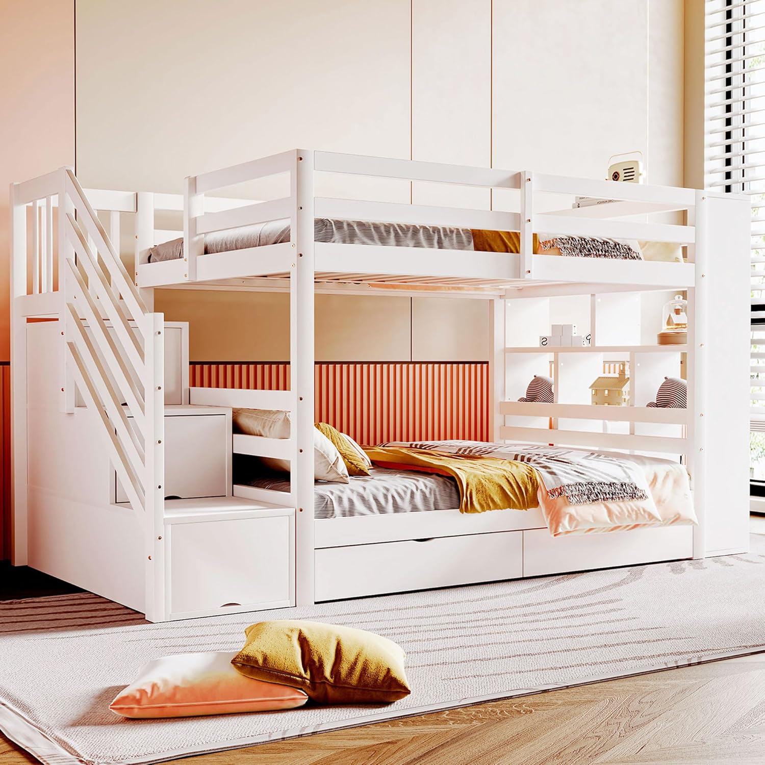 Etagenbett 2 Kinder Kinderbett 90x200 cm mit Schließfächern und Schublade, Hochbett mit Treppe und Rausfallschutz, Stockbett Holzbett Bettgestell mit Lattenrost, Weiß, Ohne Matratze