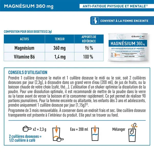 GRANIONS - Citrato de Magnésio + Vitamina B6 - Sabor Neutro - Suprimento para 3 Meses - 210g