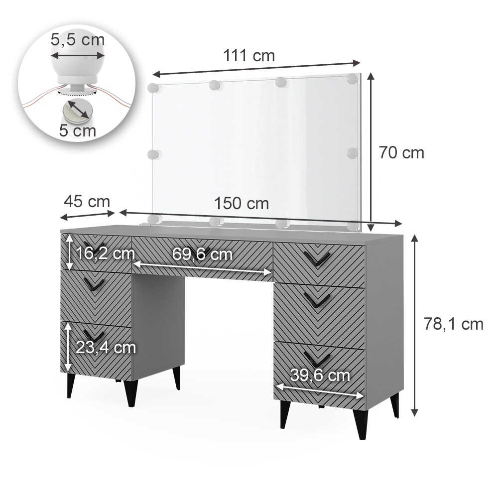Vicco Schminktisch Anett Grau mit Spiegel und LED-Lampen, 150 x 78 cm, 7 Schubladen