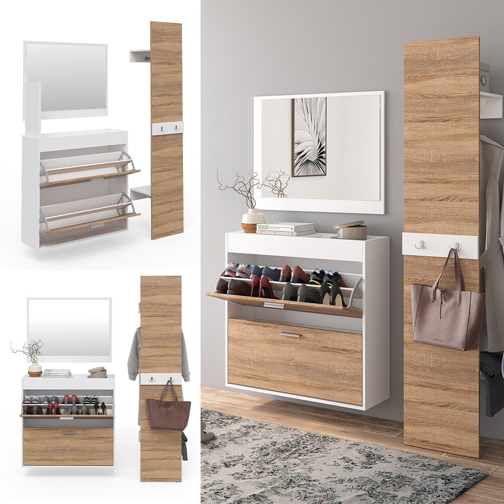 Vicco Flurgarderobe San Remo Garderoben Set Spiegel Schuhschrank Wandpaneel Flur Weiß Sonoma