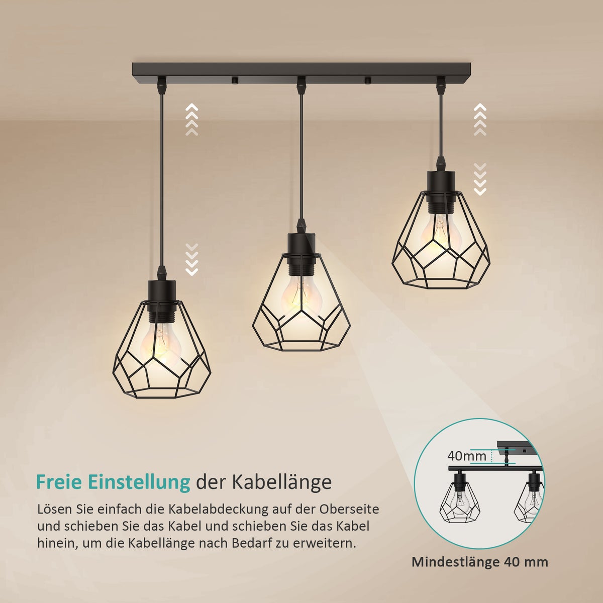 EMKE Retro Hanglamp - Industriële metalen hanglamp met geometrisch design voor E27, 3-lichts plafondlamp, in hoogte verstelbaar (lamp niet inbegrepen)