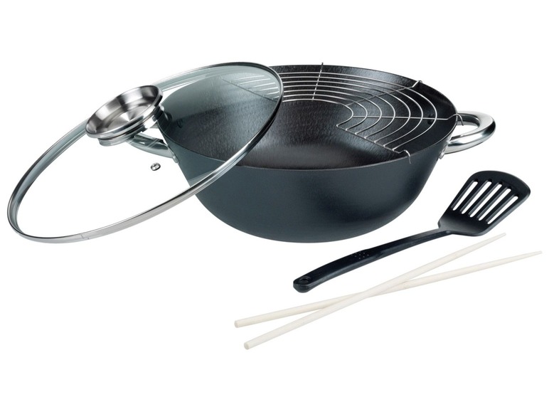 GSW wokset, 5-delig, roestvrijstalen handgrepen, aroma glazen deksel, gemaakt van gietijzer, met rekje