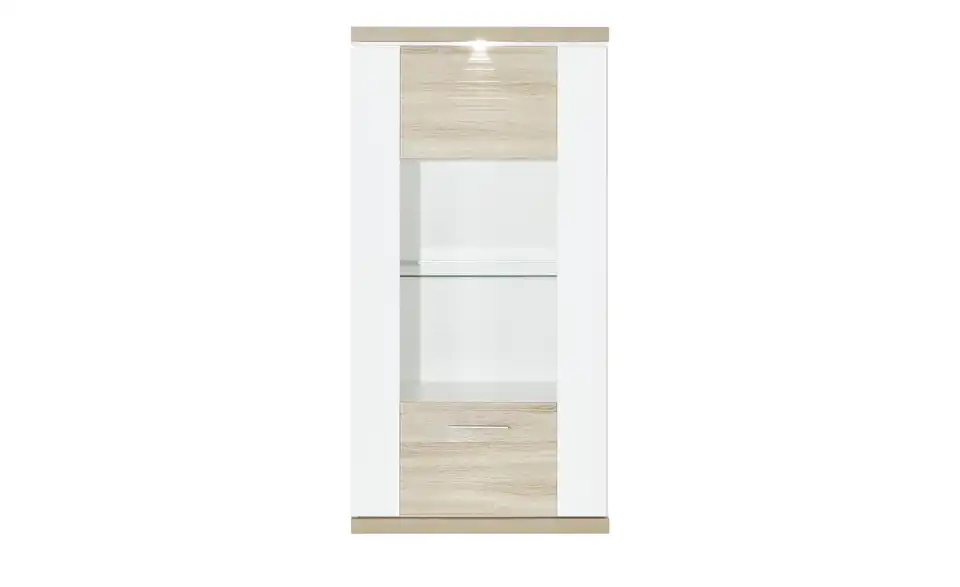 Hängevitrine Toulon Weiß, Eiche sägerau (Nachbildung) links Spotbeleuchtung