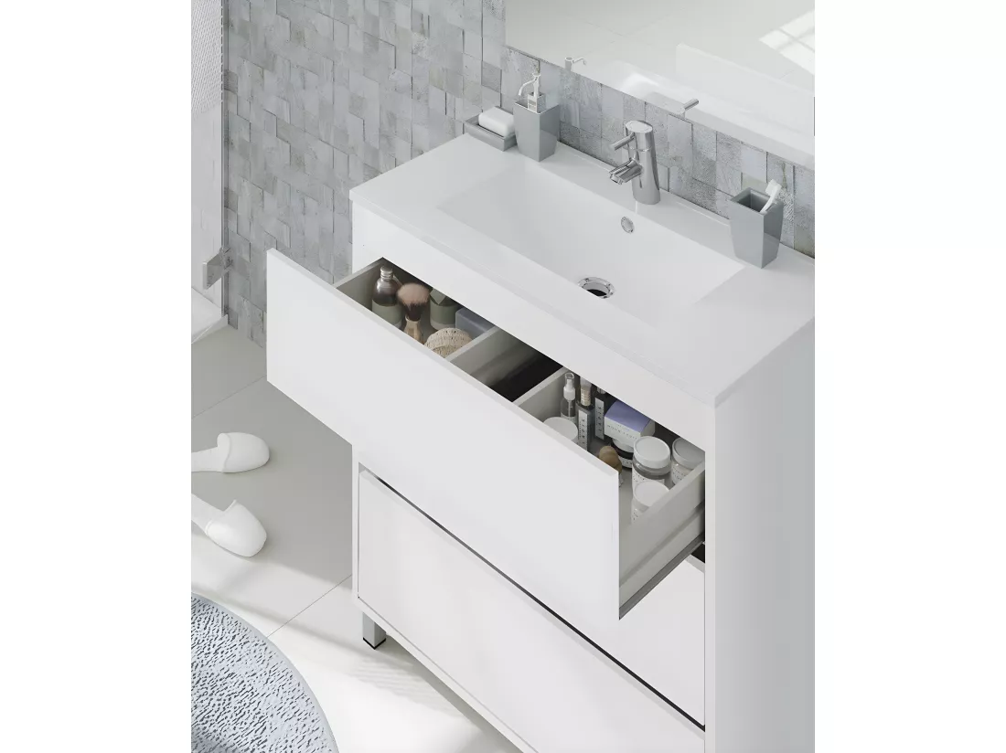 Meuble Vasque avec miroir coloris blanc brillant - Hauteur 90 x Longueur 81.5 x Profondeur 46.5 cm