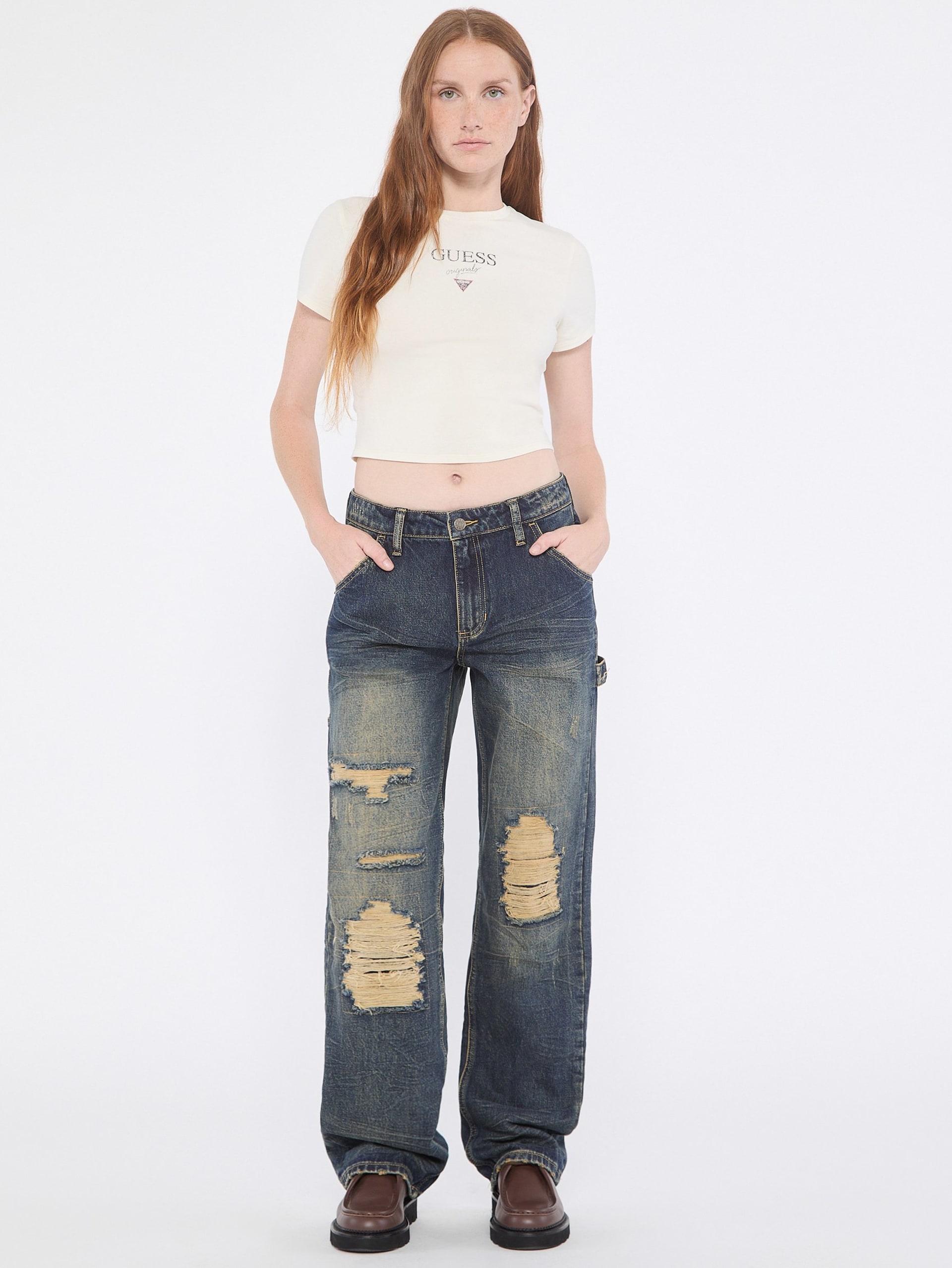 Calça jeans GUESS Originals estilo carpinteiro com efeito desgastado