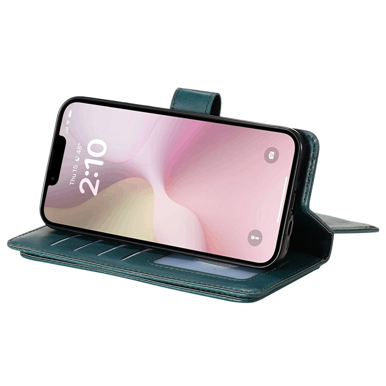 iPhone 16e Leder Tasche Flip Cover Kartenfächer mit Druckknopfverschluss - Grün