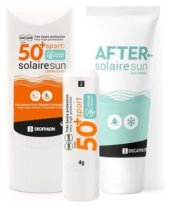 Kit Solaire Decathlon : Crème Solaire SPF 50   Stick à Lèvres SPF 50   Gel Après Soleil
