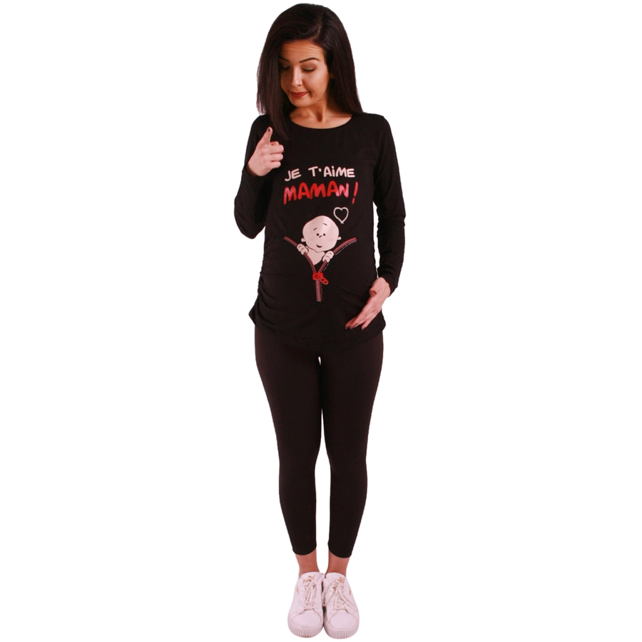 M.M.C. Umstandslangarmshirt Je t’aime maman mit Motiv Schwarz