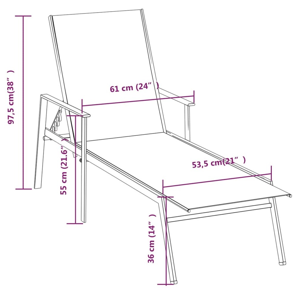 Transat chaise longue bain de soleil lit de jardin terrasse meuble d'extérieur acier et tissu textilène noir