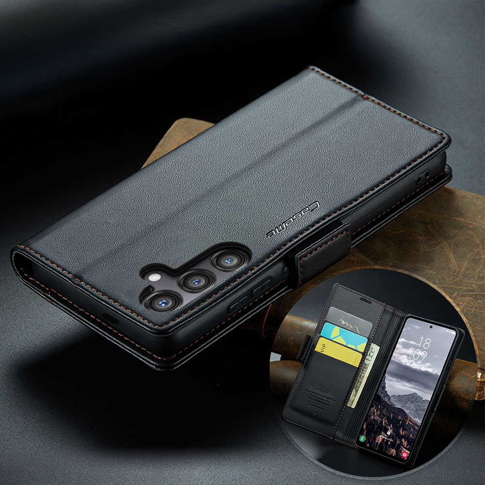 Samsung Galaxy S24 FE Leder Tasche Flip Wallet Etui mit Kartenfächern Litchi Look (RFID Schutz) - Schwarz