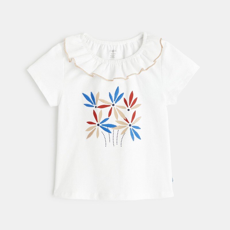 T-shirt col volant fleurs blanc bébé fille Blanc