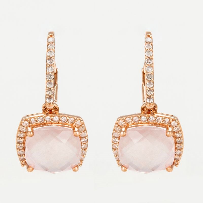 Boucles d'oreilles Or Rose Diamant et Quartz Rose